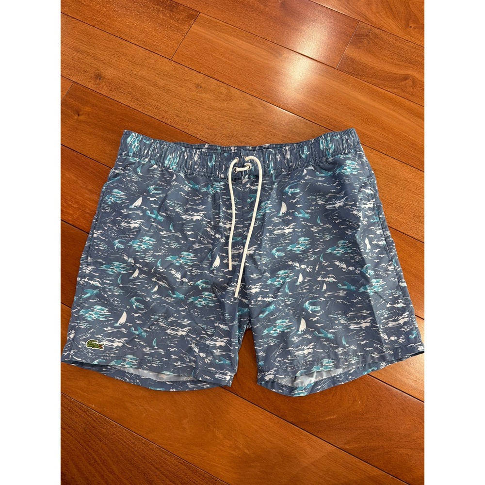 Lacoste Swim Trunks Mens Blue Nautical Sailboat Print Mesh Lined Large